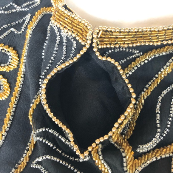 Vtg Women's Silk Beaded Blouse, Black & Gold, Maximalist, Short Sleeve, L / M - Picture 7 of 11